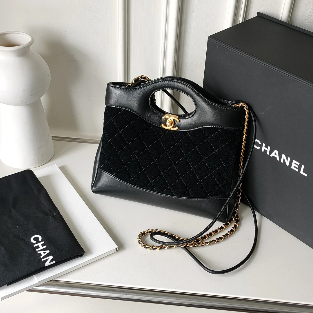99新 Chanel/香奈儿 25P黑金麂皮拼皮31bag mini手提斜挎包/47526