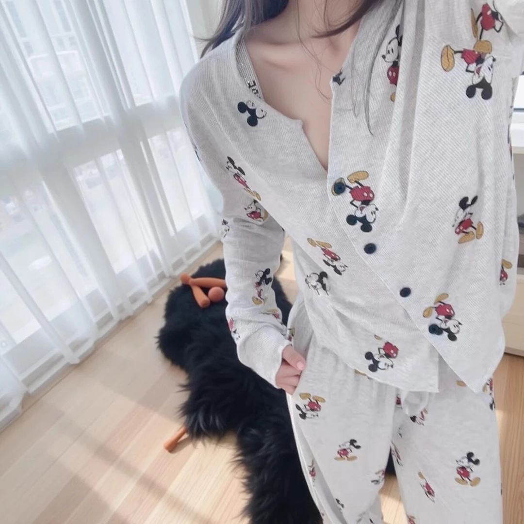 卡通可爱米奇亲肤莫代尔冰丝开衫长袖长裤睡衣女春秋季家居服套装