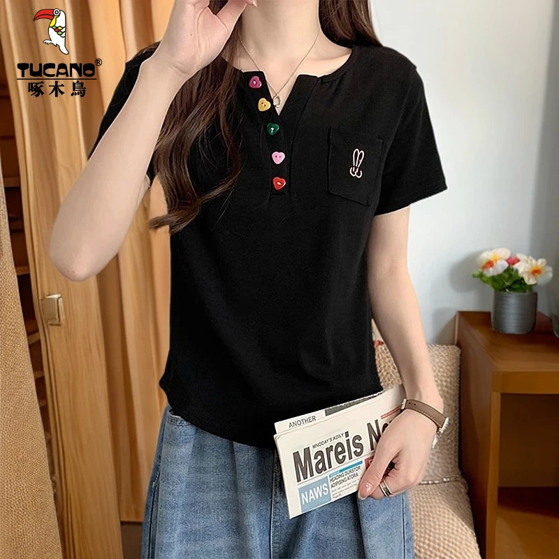 啄木鸟夏季短袖女T恤显瘦百搭V领别致设计感小众上衣时尚洋气小衫