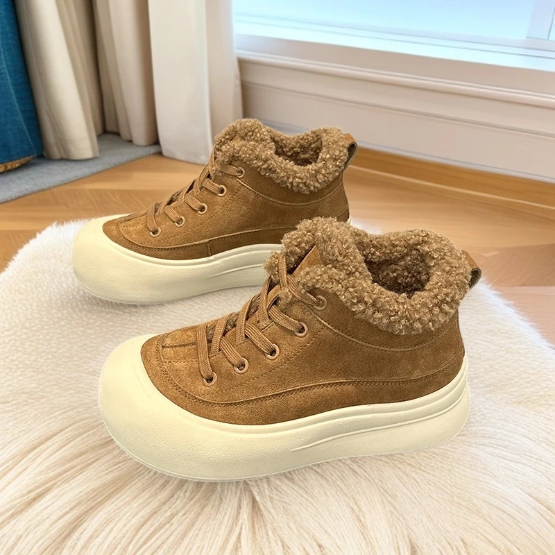 冬季厚底板鞋女2025新款真皮复古休闲棉鞋加绒保暖女士外穿雪2505