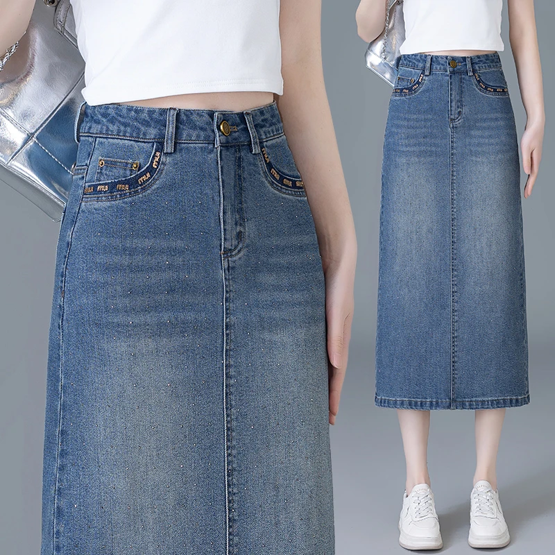 气质优雅直筒半身裙女2025夏季新款高腰显瘦洋气减龄烫钻牛仔裙潮