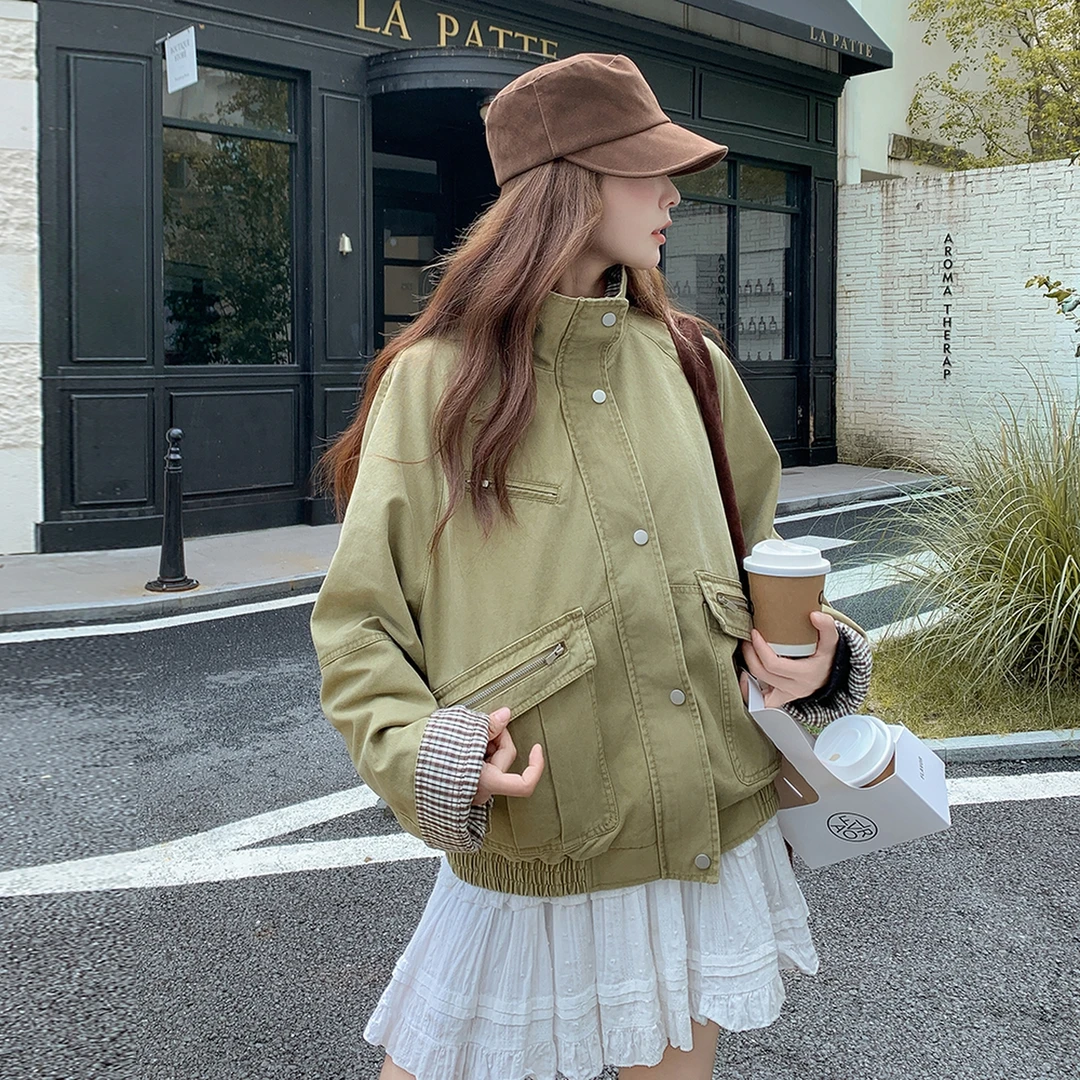 绿色复古慵懒风格纹拼接工装外套女2025秋新款休闲时尚设计感夹克