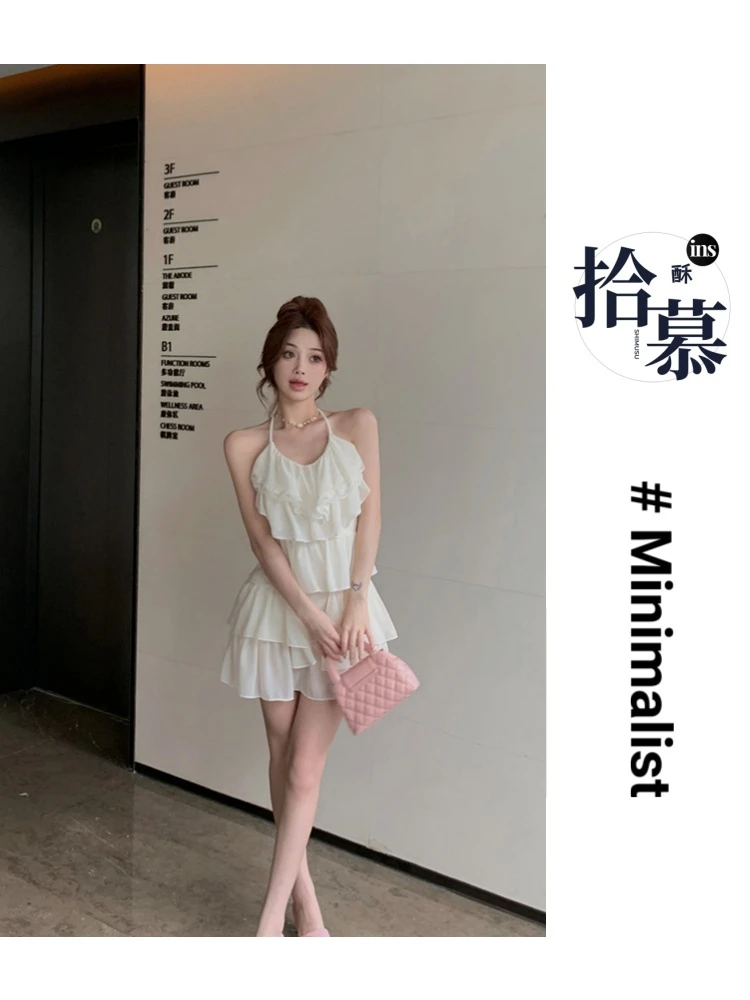 温柔甜辣妹法式露背白色女夏季设计感小众薄款纯欲无袖裙子连衣裙