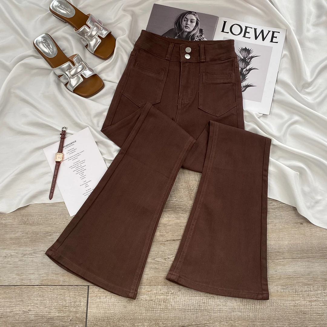美拉德咖色微喇牛仔裤女2025年秋季新款高腰显瘦修身棕色喇叭长裤