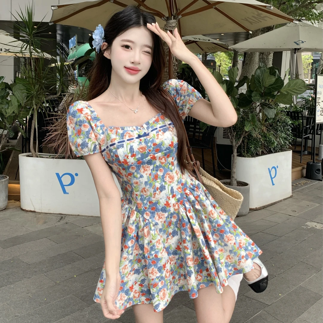 大码法式微胖短袖连衣裙女装夏季梨形身材碎花裙胖MM遮肚显瘦裙子