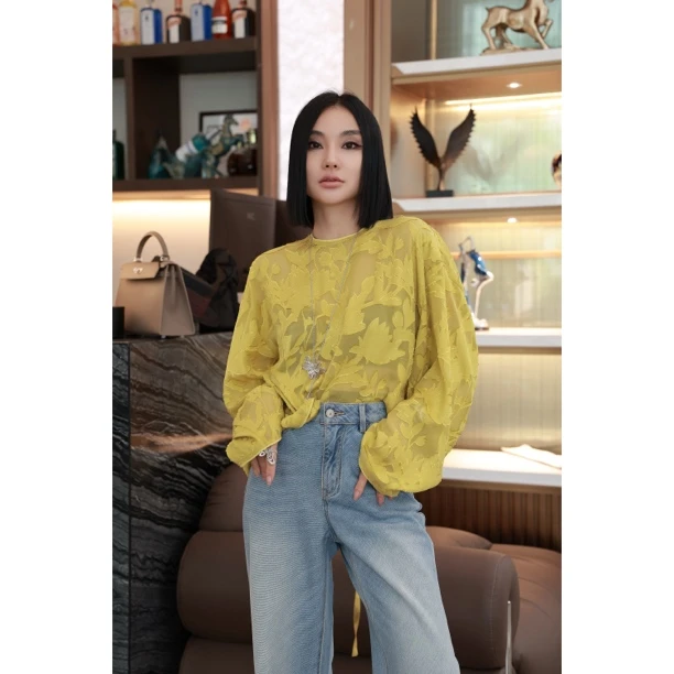 【妙妙精选】HUANGNAJI中式时尚气质设计感桑蚕丝飘带印花上衣2547