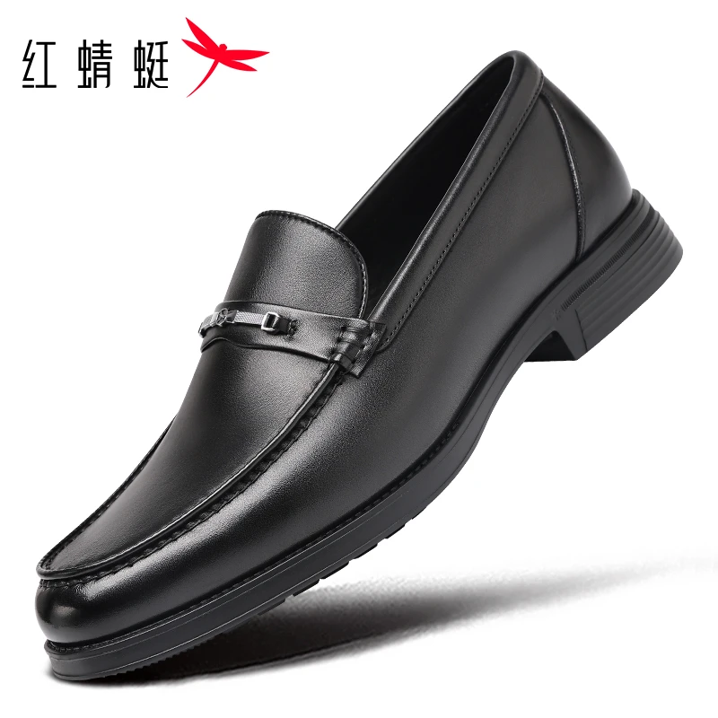 红蜻蜓男鞋一脚蹬高端真皮商务乐福鞋头层牛皮套脚软底舒适正装鞋