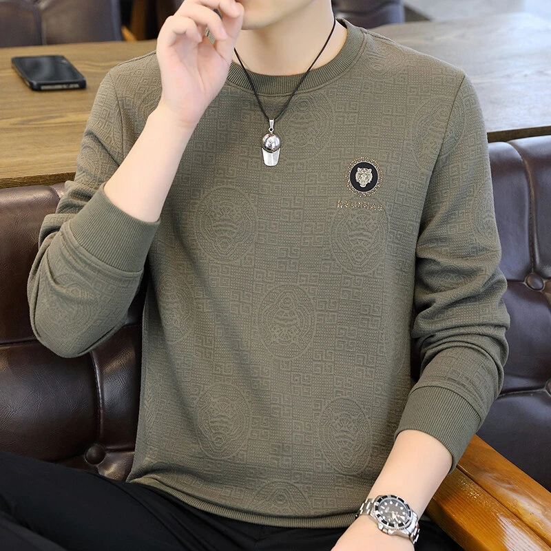 男士长袖T恤打底衫潮牌男装圆领提花小衫春秋冬季2024新爆款秋衣
