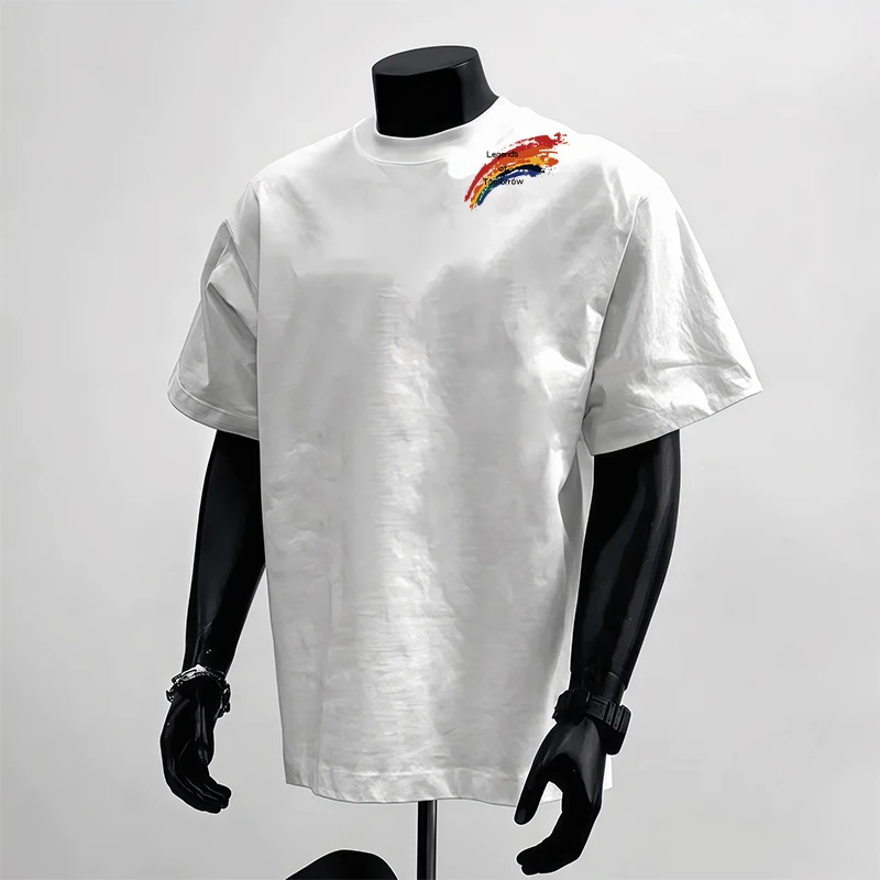 重磅不透短袖t恤男女彩虹印花潮ins纯棉情侣宽松圆领美式潮牌半袖