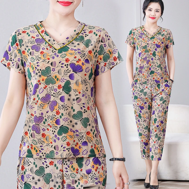 夏季减龄套装时尚休闲弹力两件套2025新款妈妈装显瘦气质