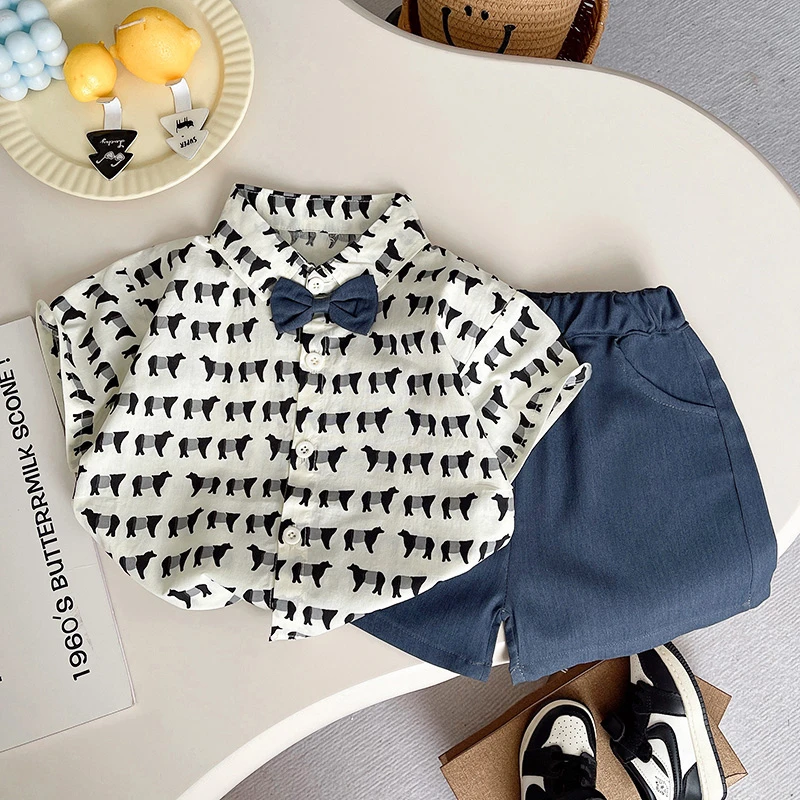 条纹薄款韩版男极简风卡通套装时尚帅气欧若新中式儿童男童洋气