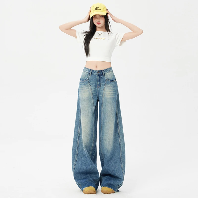 2025春夏美式复古弯刀水洗牛仔蓝毛边阔腿牛仔裤女