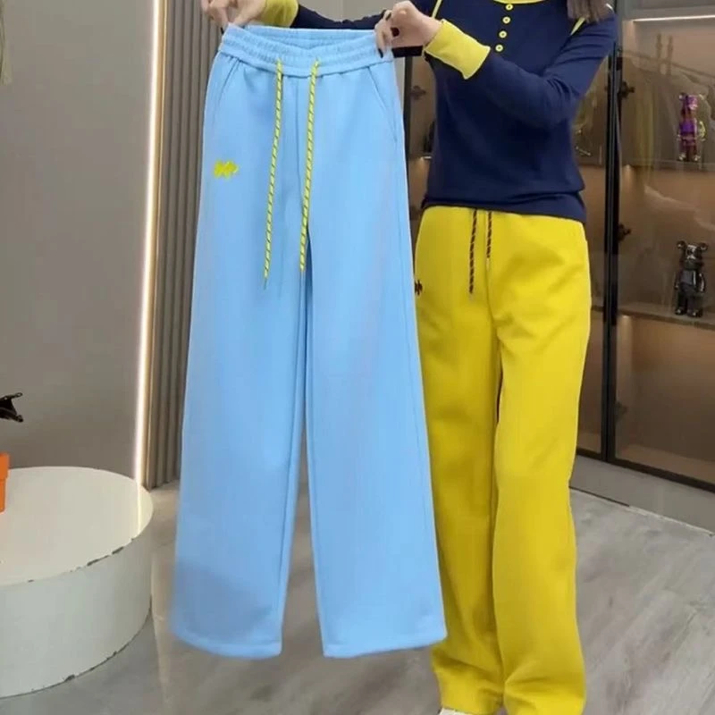 韩版松紧高腰刺绣时尚女款休闲裤春季新款宽松显瘦简约运动卫裤潮