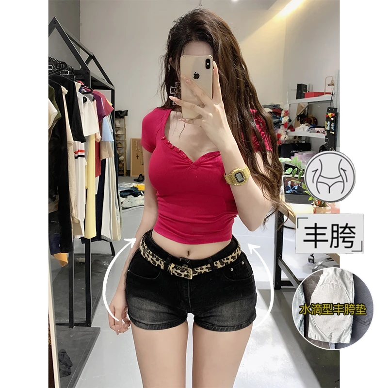 甜酷斑纹腰带丰胯牛仔短裤女2025秋季低腰辣妹掐腰显瘦包臀热裤