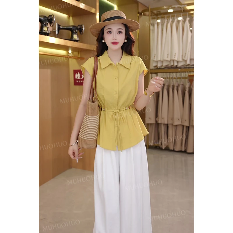 【小云总专属】仲夏假期 翻领收腰小衫+直筒阔腿裤两件套