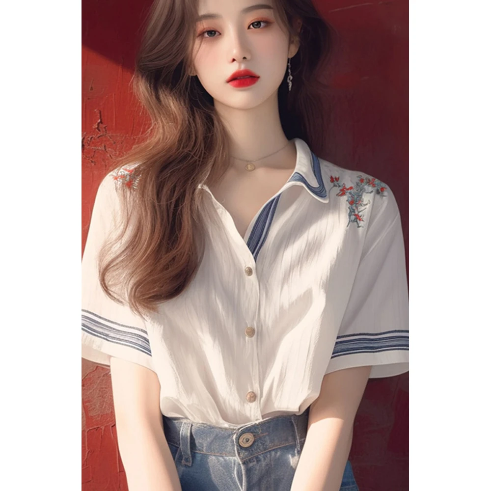 时尚新款小清新polo领单排扣条纹衬衫短袖女2025新款洋气时夏季女