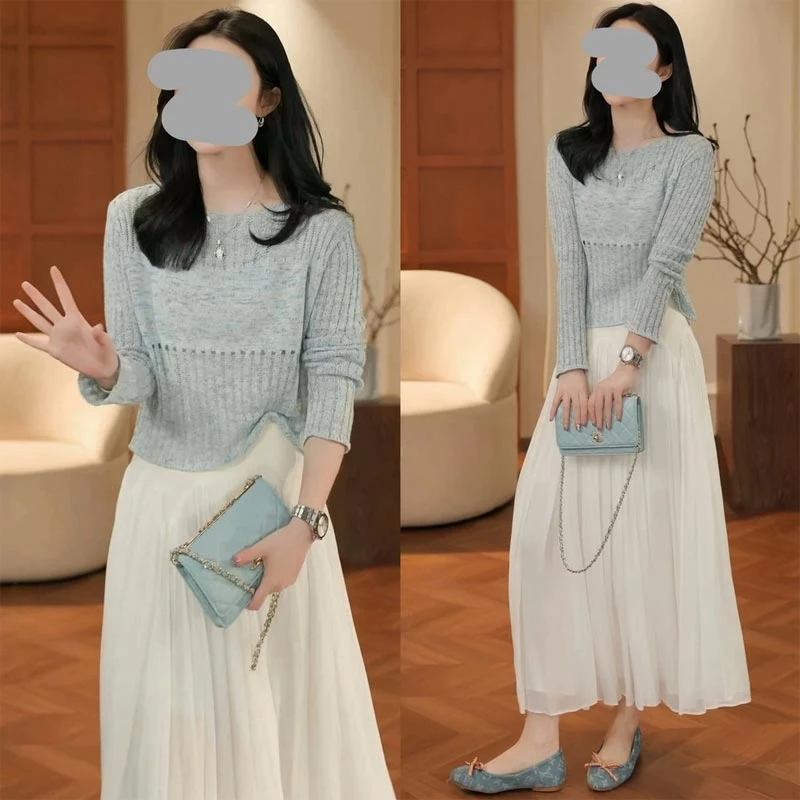 2025夏季韩式新款休闲风长袖防晒针织上衣百搭半身裙小众两件套女
