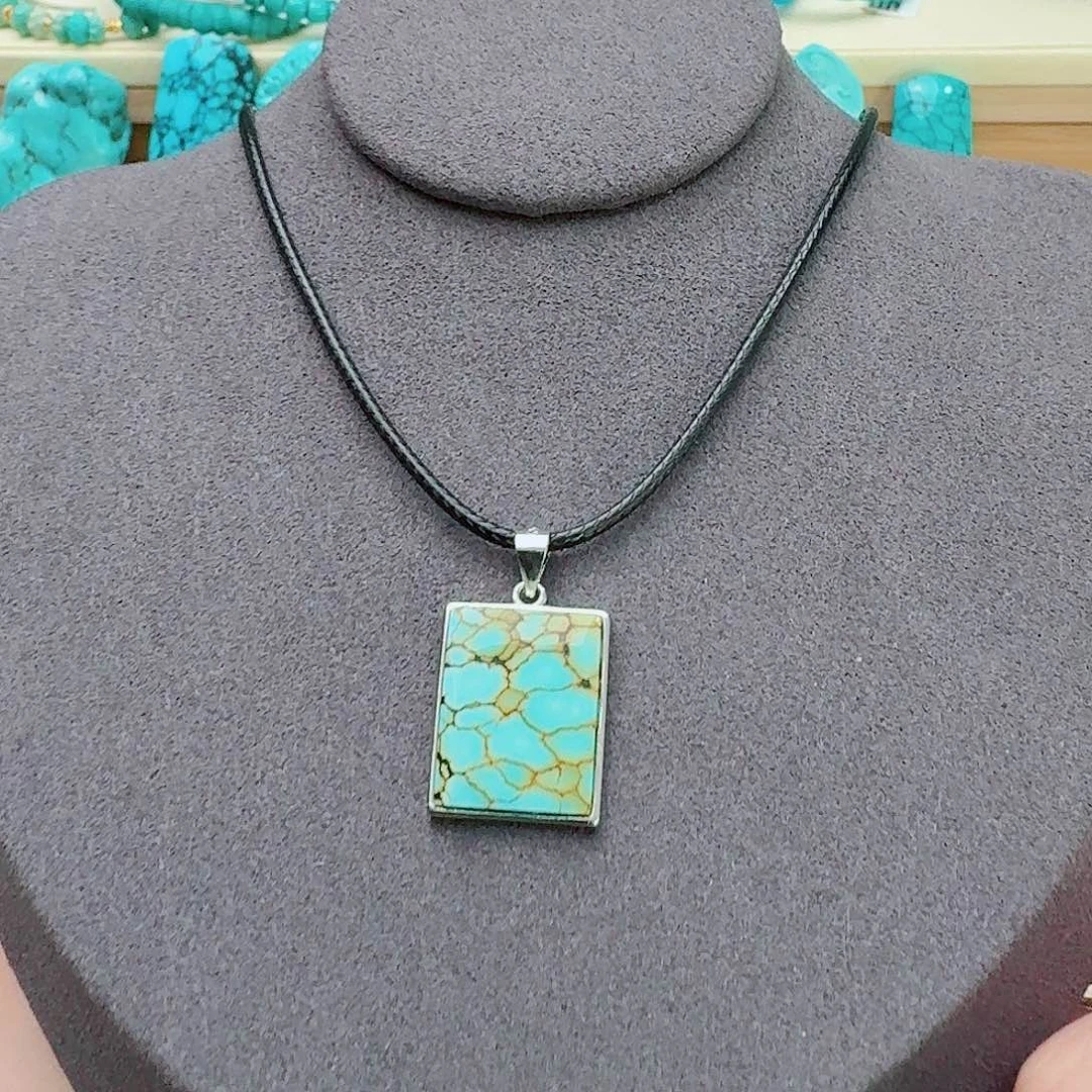 绿松石银S925镶嵌高瓷绿特色网花方糖吊坠