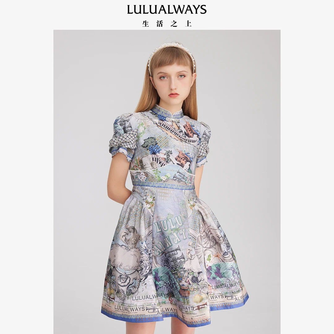 LULUALWAYS印花宫廷风珍珠收腰连衣裙LNC5009