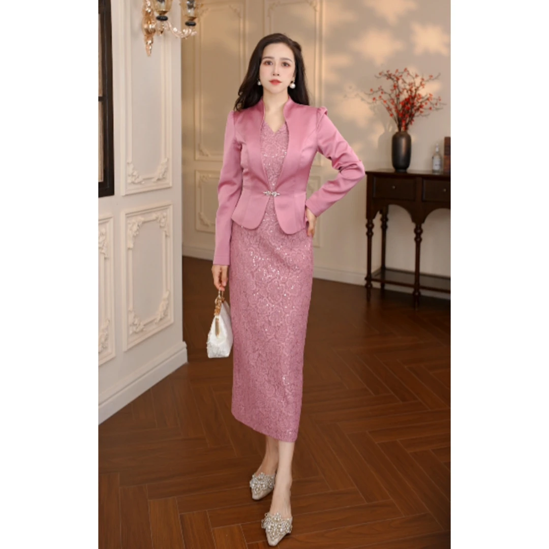 东方黛迪 新中式国风优雅大方秋季杏色假两件连衣裙PW73500