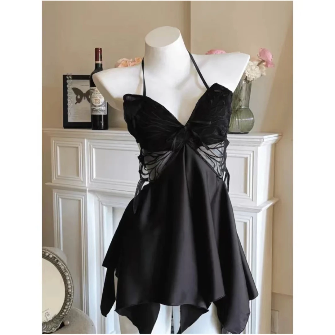 蝴蝶结复古纯欲风吊带睡裙性感带胸垫家居服深V约会战袍女士蕾丝