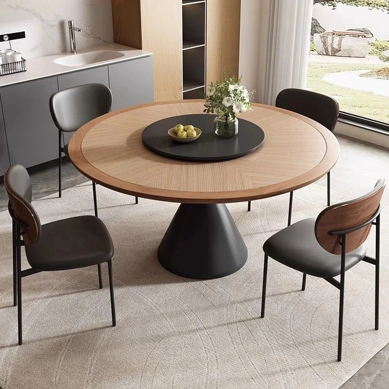 实木圆餐桌家用中古风小户型家用餐桌岩板圆形饭桌餐桌椅组合