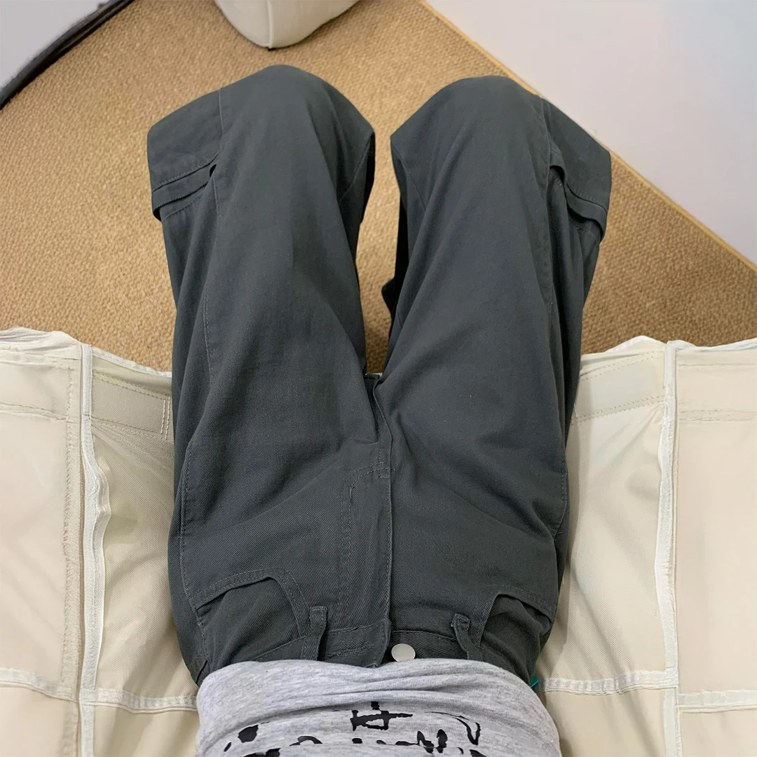 水泥灰复古阔腿工装裤女秋季新款胖妹妹mm遮胯显瘦多口袋直筒裤子