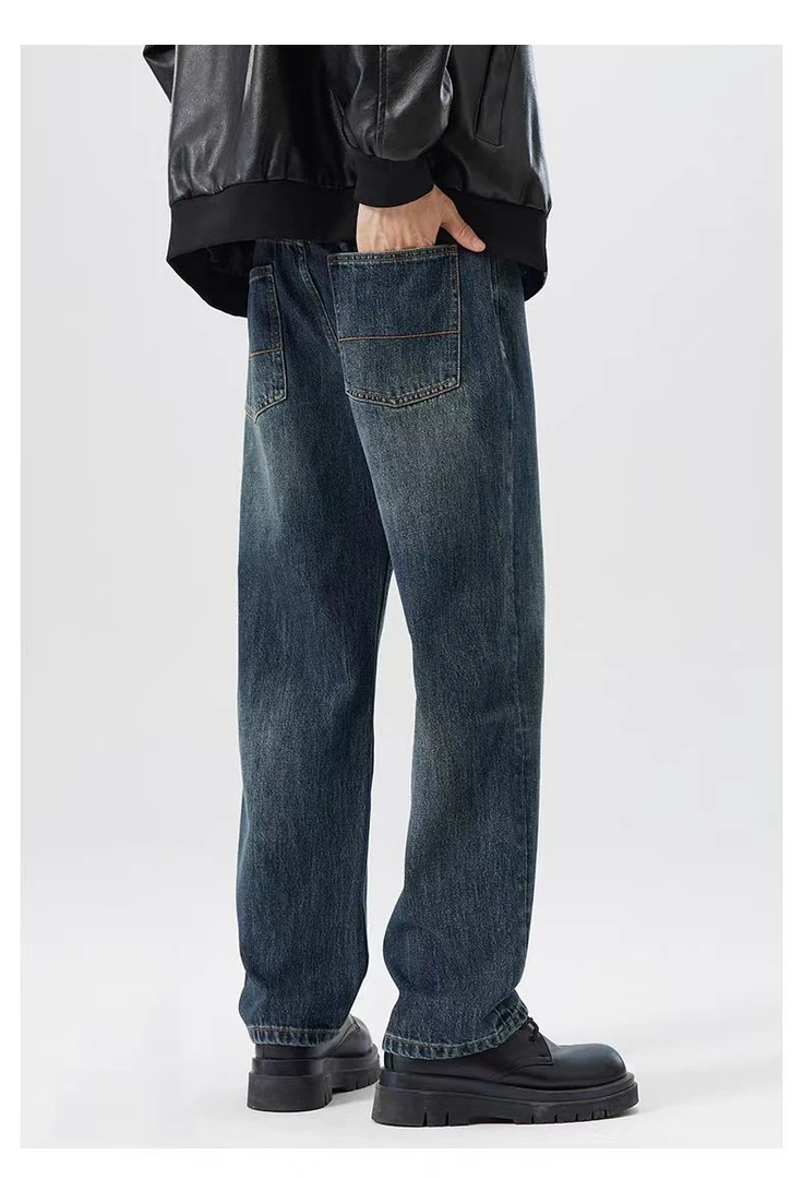 复古牛仔裤男款秋冬季水洗做旧黄泥染潮牌高街宽松直筒日系长裤