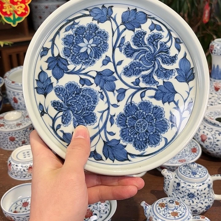 瓷片卓四项牡丹元青花壶承
