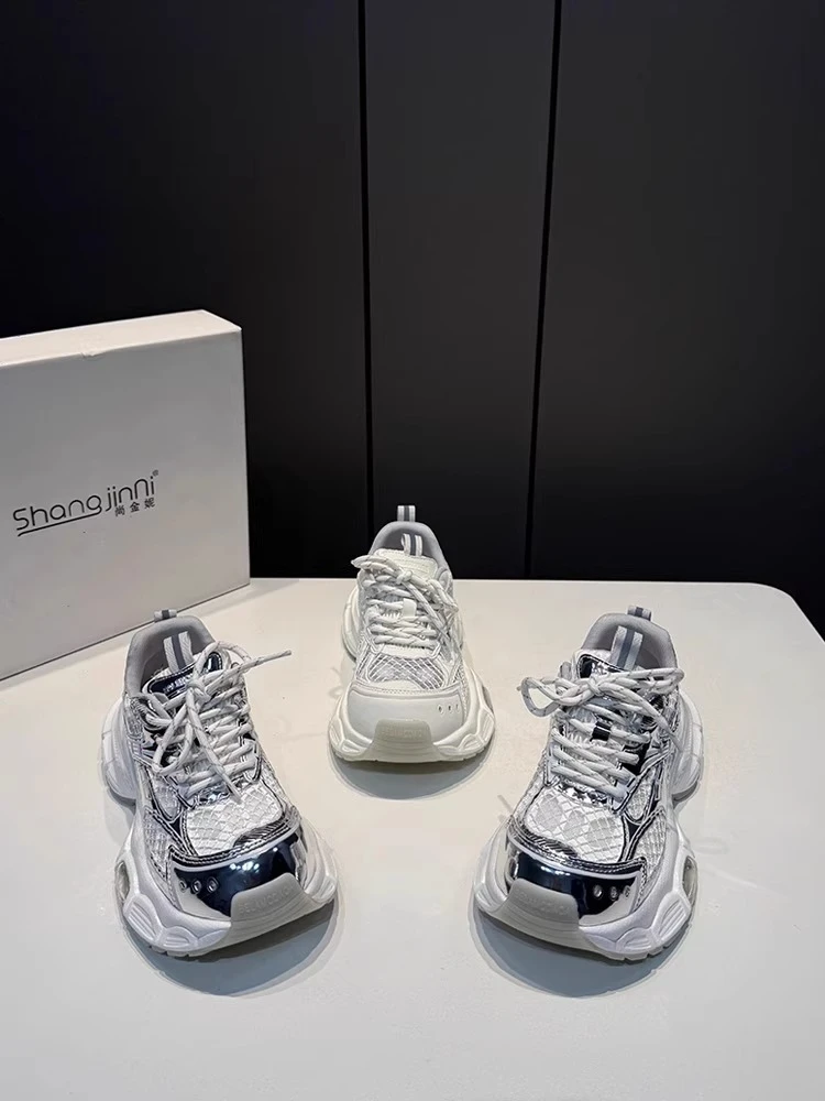 时尚透气老爹鞋女夏季2025新款皮面厚底网面系带镂空增高运动休闲