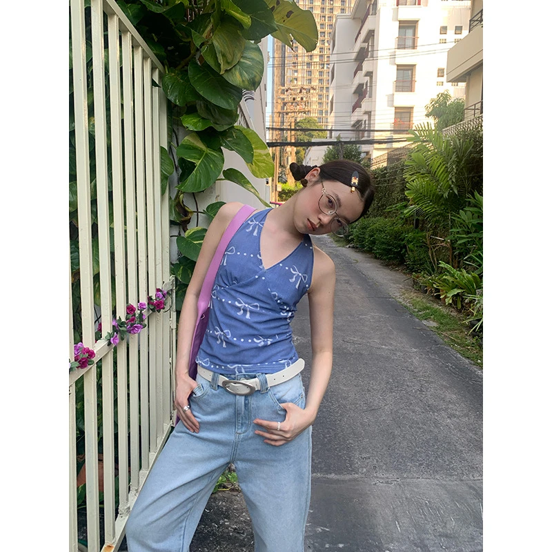 十三行2025辣妹修身蝴蝶结印花挂脖背心女吊带C3099