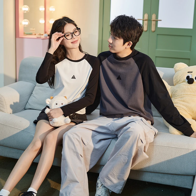 唐狮春装新款情侣长袖T恤小印花插肩袖时尚显瘦小衫BTS_NT54X018