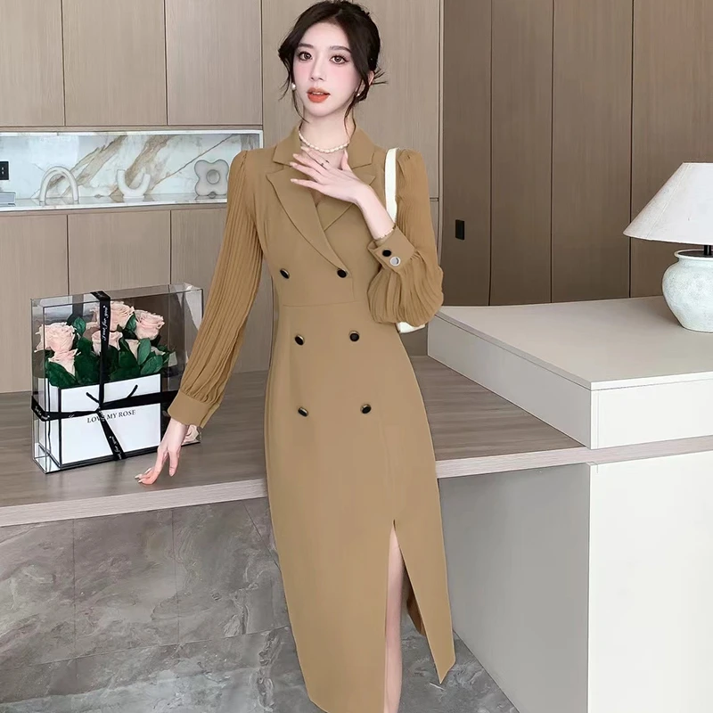 2025秋季新款气质通勤法式高级感长袖修身显瘦开叉显瘦连衣裙2156