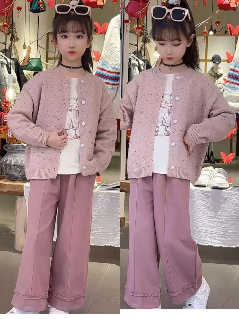 2025新款女童中大童春秋季洋气时尚毛毛外套宽松阔腿裤