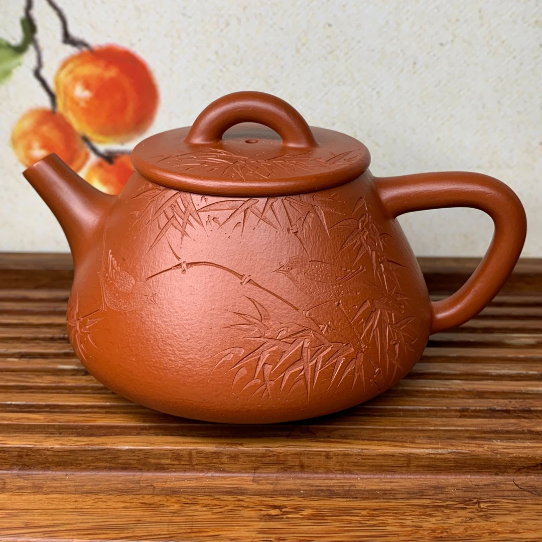 宜兴紫砂原矿赵庄朱泥全手工平盖石瓢180cc刻绘款高端紫砂茶壶