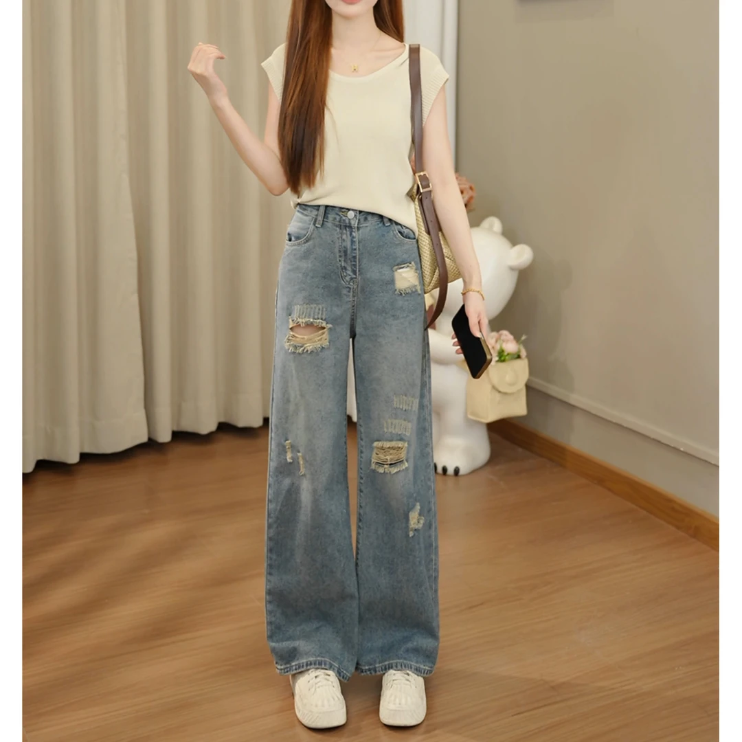 小个子新款复古蓝破洞阔腿牛仔裤拖地裤宽松慵懒显瘦高腰直筒女