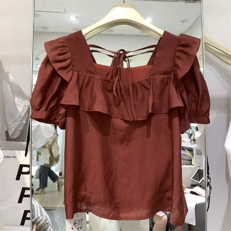 欧货雪纺衫女方领系带上衣2025夏新款荷叶边衬衫洋气百搭漂亮小衫