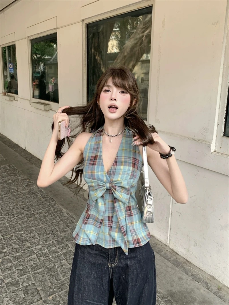 蝴蝶结格纹挂脖背心新款辣妹性感V领无袖收腰显瘦上衣