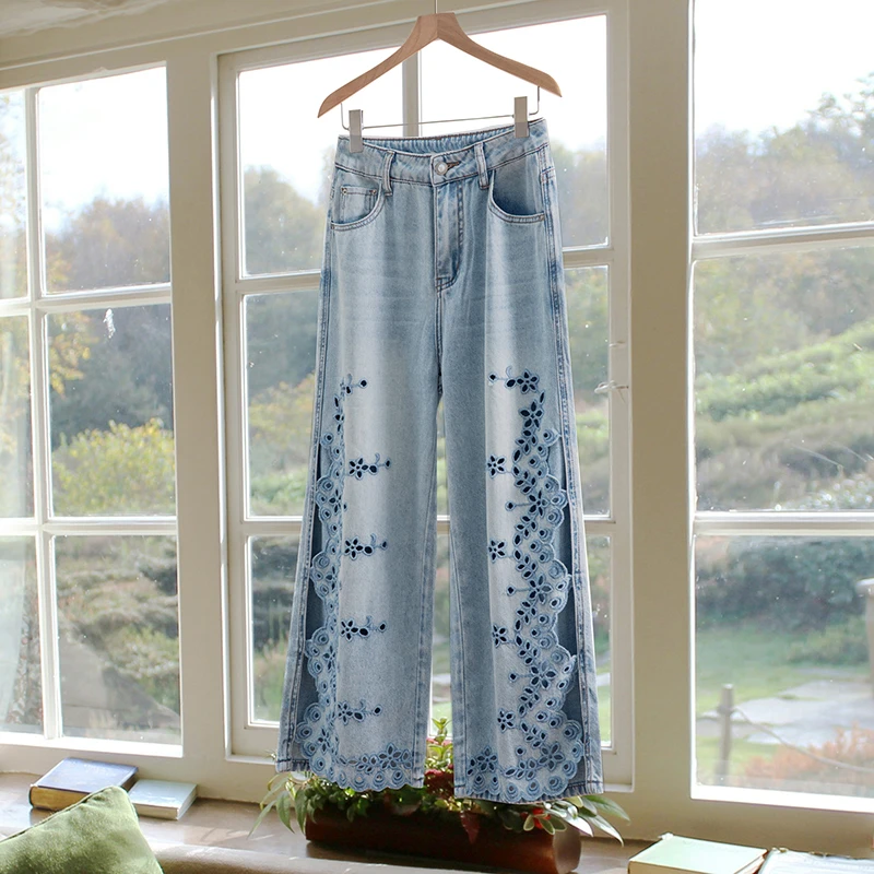 夏季薄款八九分直筒牛仔裤女绣花2025新款休闲高腰显瘦宽松裤9833