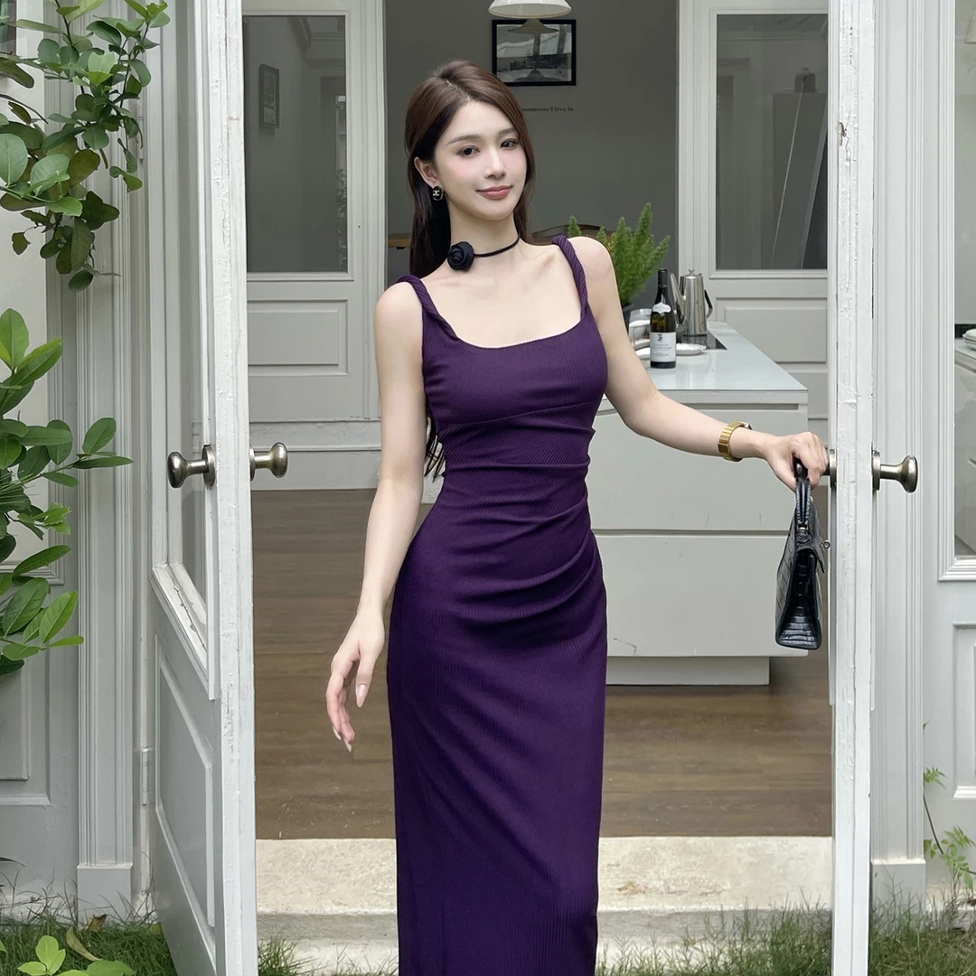 KaDaiShan 紫色连衣裙女夏季褶皱显瘦小个子性感气质包臀吊带裙