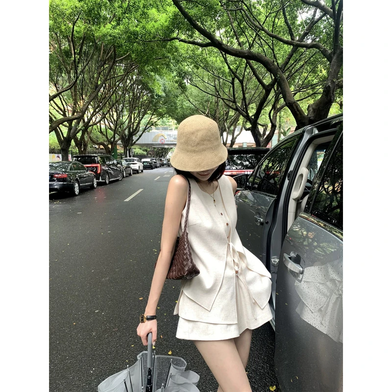 泰兰德巷尾老钱风气质时尚亚麻套装女松弛背心马甲阔腿短款两件套