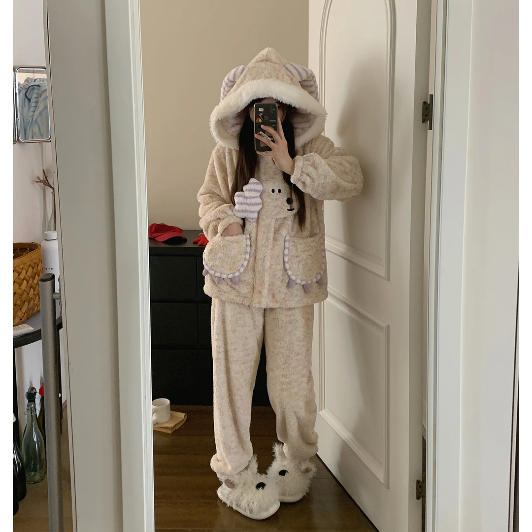 超柔软睡衣女冬季珊瑚绒可外穿加厚加绒彩点色织保暖家居服套装