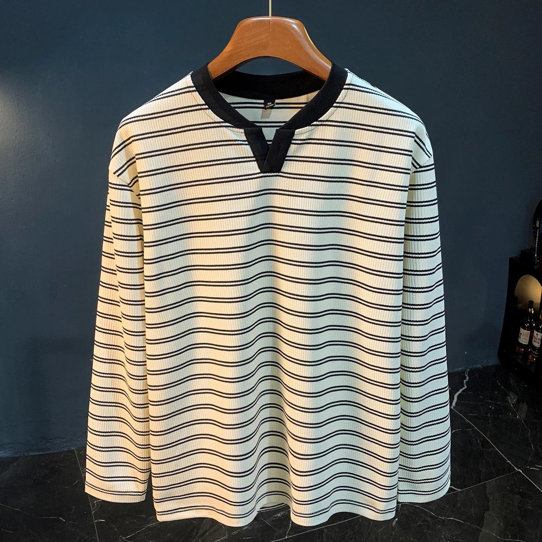 EAEOVNI条纹撞色长袖T恤男覆古休闲小V领体恤衫韩版大码针织衫男