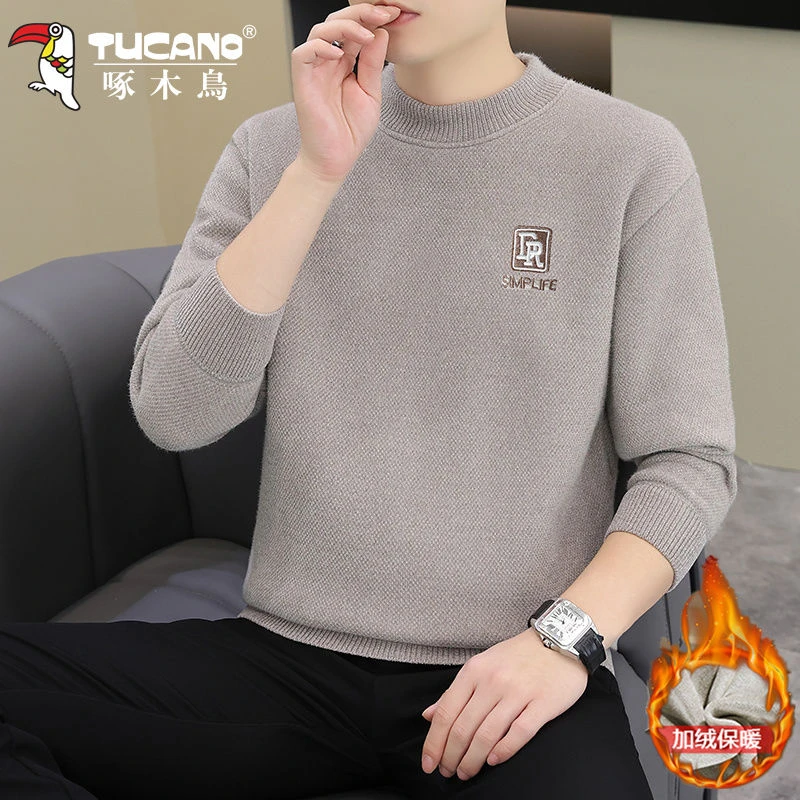 啄木鸟加绒加厚男士毛衣2025冬季新款痞帅保暖内搭线衣打底针织衫
