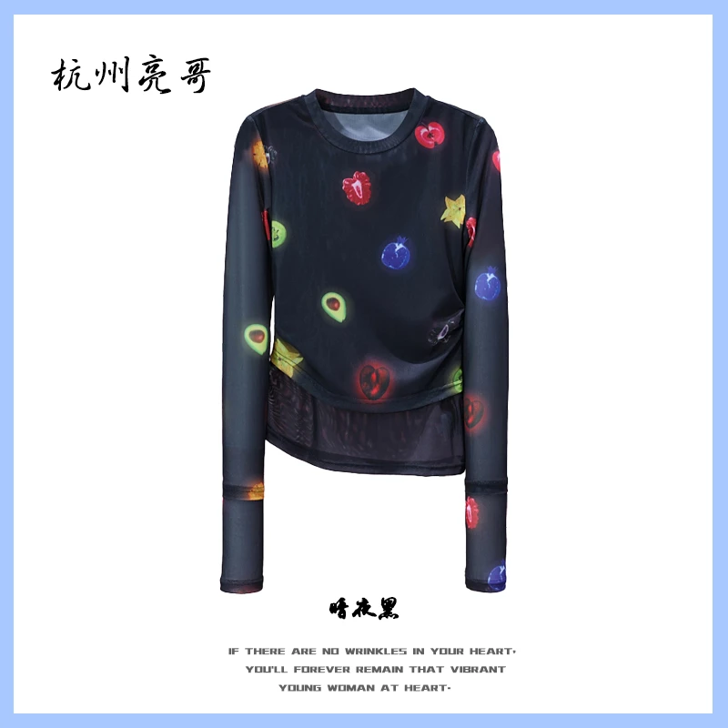 【亮哥女装】2025欧版设计师暗夜黑水果印花高弹网纱上衣6602-K7