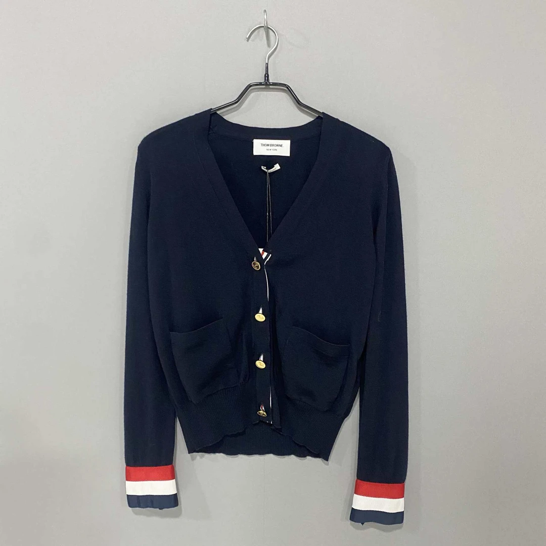 99新 THOMBROWNE 藏青色纯羊毛彩条金扣开衫/38码/48943