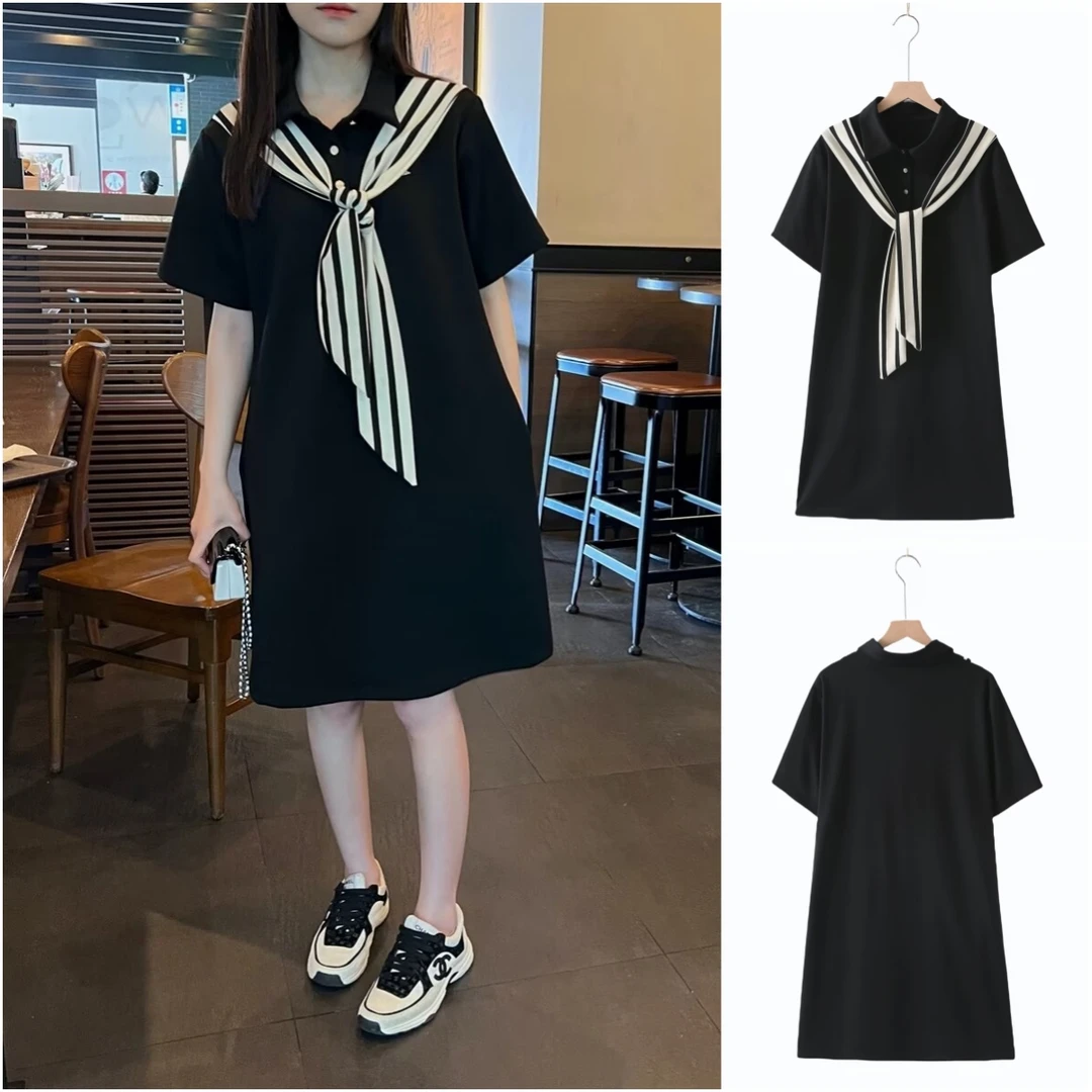 微胖mm学院风宽松连衣裙遮肚子大码女装时尚夏季短袖中长款裙子