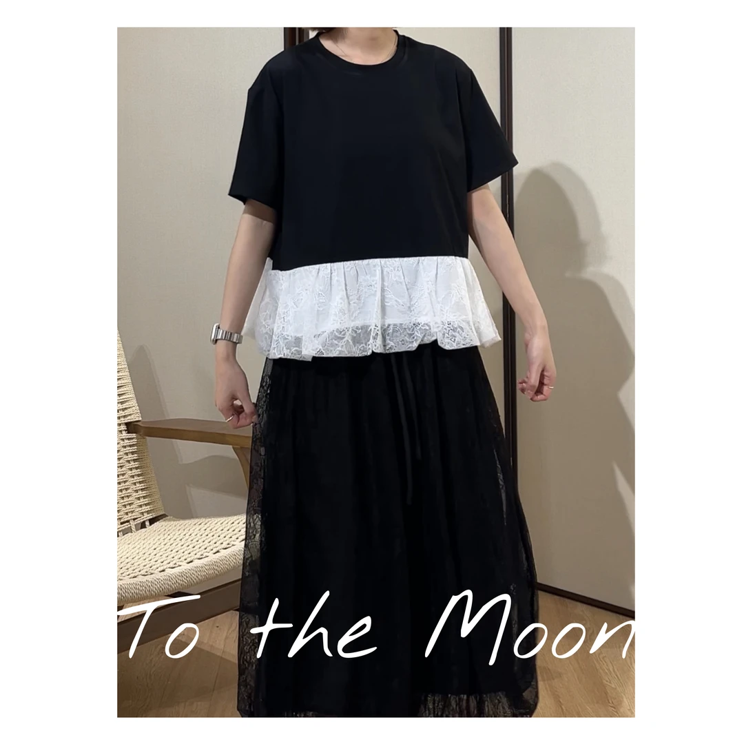 UpSd 原创【乞力马扎罗的雪】斜下摆镂空拼接蕾丝T恤舒适圆领百搭