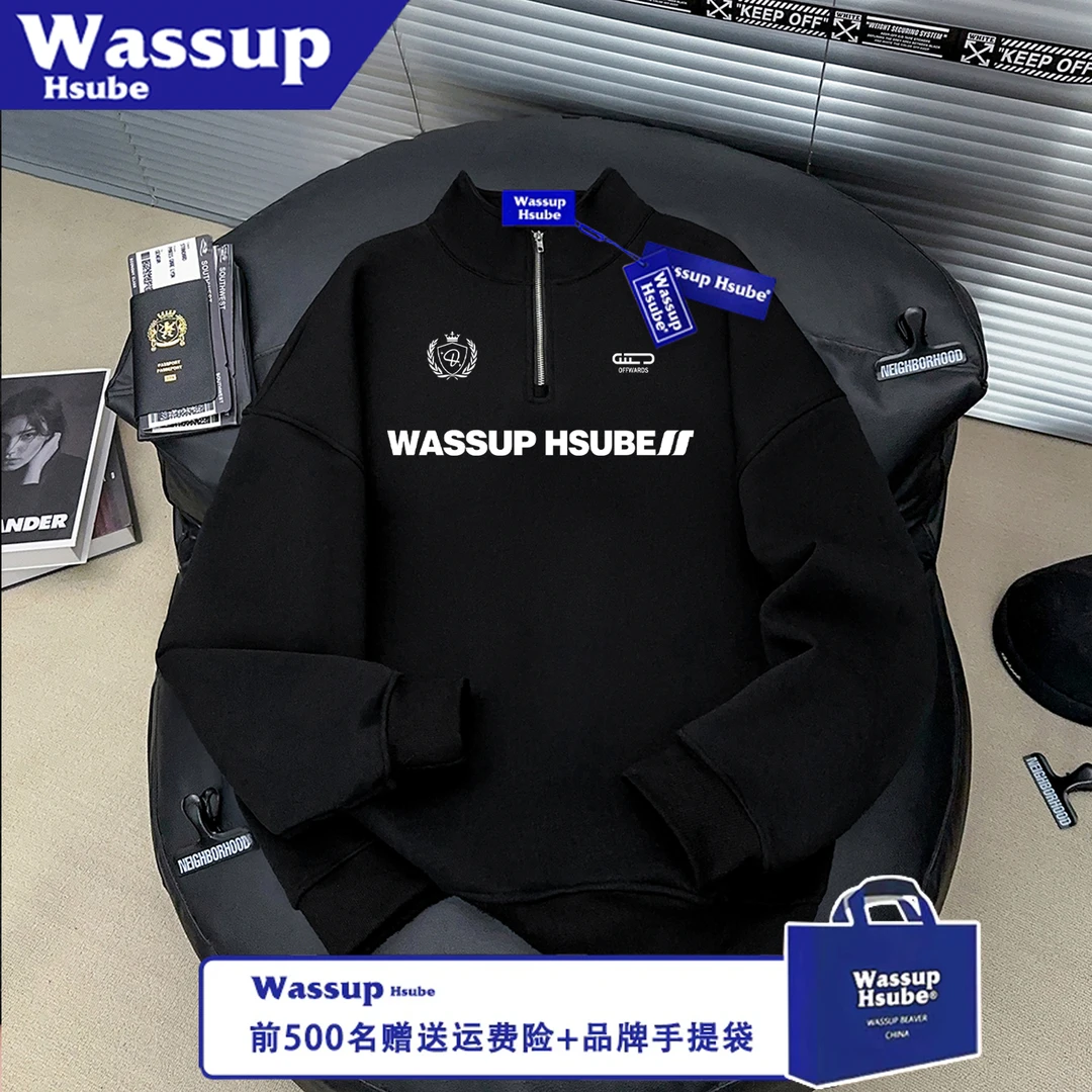 WASSUP HSUBE潮流行休闲印花情侣长袖宽松秋冬半拉链拉链休闲上衣
