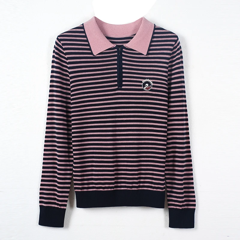 莱赛尔天丝刺绣小天鹅翻领时尚条纹长袖宽松针织女-22095